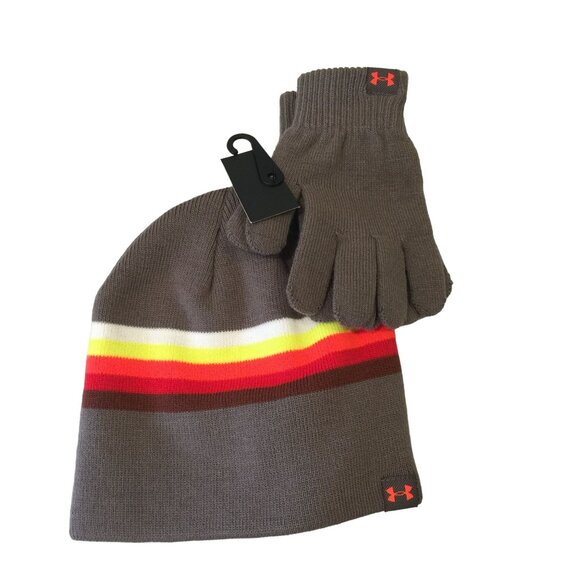 Under Armour Boys Youth Beanie Gloves Gray Neon Stripe Set - Picture 1 of 4